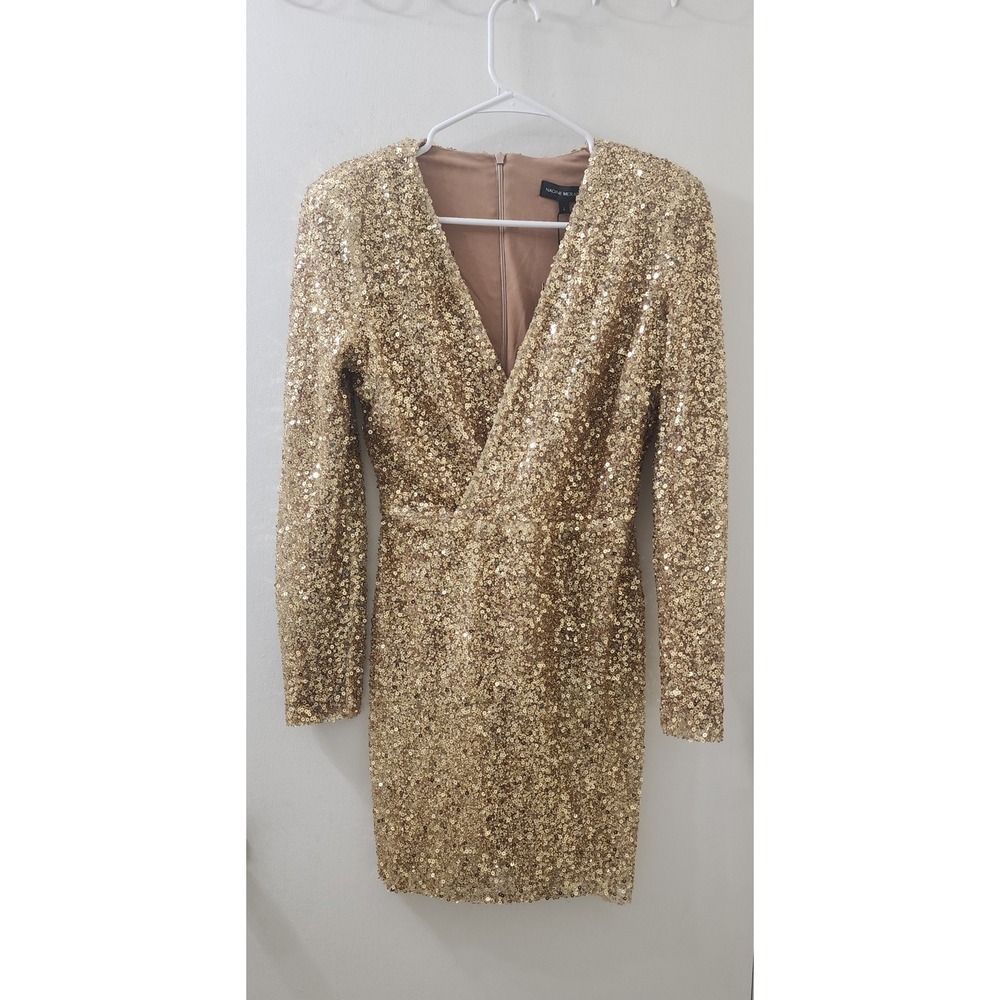 Nadine Merabi Gold Sequin Mini Dress‎ Long Sleeve Wrap V-Neck Party Cocktail L
